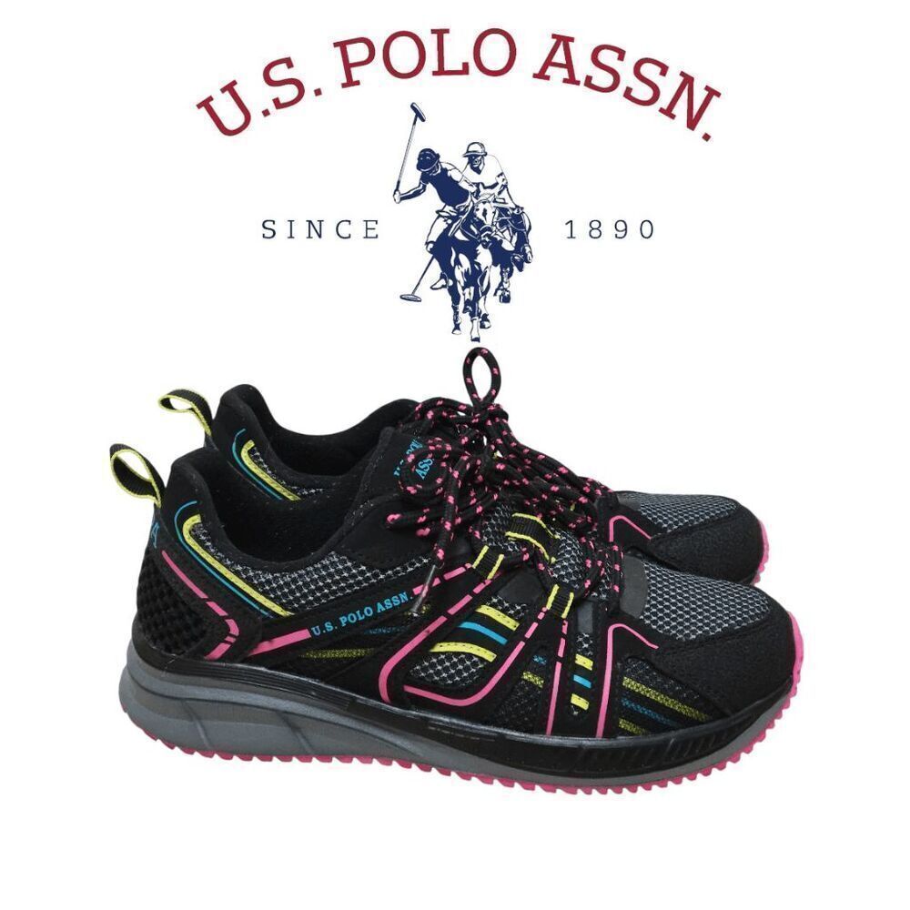🇺🇸 US POLO ASSN Women’s Black Mesh Neon Pink Accent Athletic Sneakers SIZE 6.5